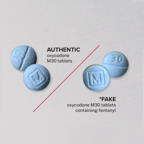 Counterfeit M30 fentanyl pills seized by the DEA, visually identical to real oxycodone